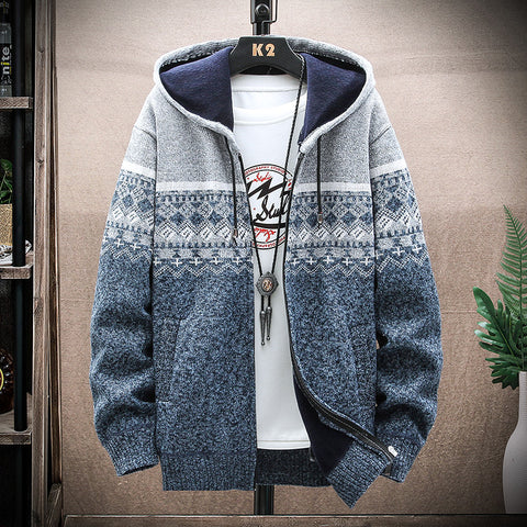 Hooded Cardigan Knitted Thick Plus Fleece Sweater Men - Empire Wardrobe