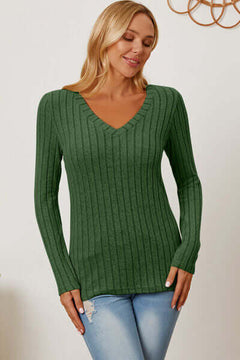 Basic Bae full size ribbed v-neck long sleeve t-shirt in green, showcasing a stylish and comfortable fit.
