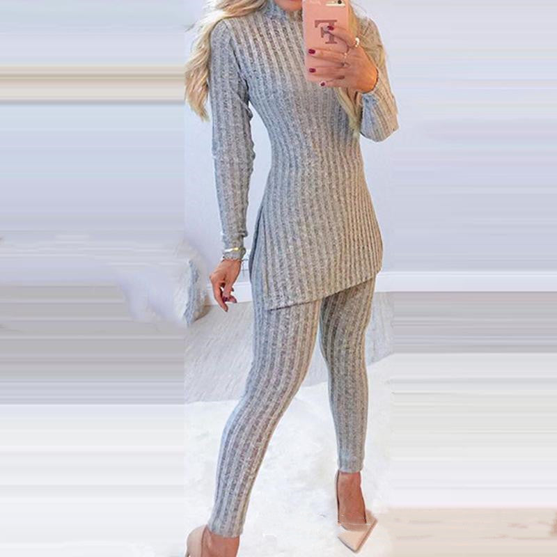 Knitted Suit Slit Mid-length Top And Leggings - Empire Wardrobe