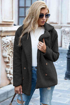 Full size lapel collar sherpa coat in dark gray, styled casually with jeans and sunglasses.