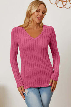 Basic Bae pink ribbed V-neck long sleeve T-shirt for women, stylish and slightly stretchy, ideal for versatile outfits.