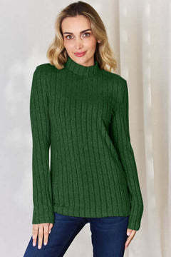 Basic Bae green ribbed mock neck long sleeve t-shirt, slightly stretchy and stylish for any occasion.