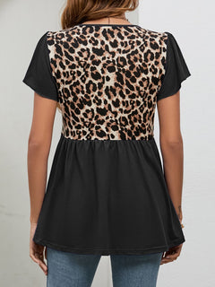 Leopard Round Neck Flutter Sleeve Babydoll Blouse back view showcasing elegant ruffle detail and stylish leopard print.
