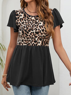 Leopard Round Neck Flutter Sleeve Babydoll Blouse in black and leopard print with short flutter sleeves.