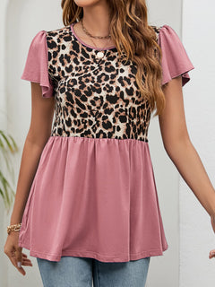 Leopard Round Neck Flutter Sleeve Babydoll Blouse featuring short flutter sleeves and a chic leopard pattern.