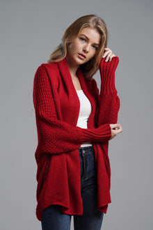 Red dolman sleeve open front ribbed trim longline cardigan styled casually for versatile wear.
