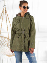 Full size hooded jacket in olive green with detachable liner, featuring a belted waist and buttoned pockets.