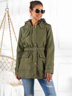 Full size hooded jacket in olive green with detachable liner, featuring a belted waist and buttoned pockets.