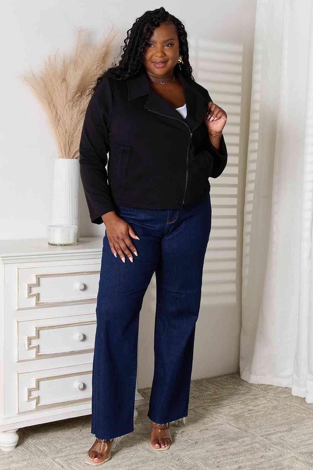 Culture Code full size zip-up jacket with pockets, styled for a casual outfit, worn by a model in a modern setting.